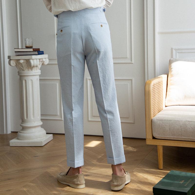 Baby Blue High-Waisted Straight Leg Smart Trousers - Medium-High Waist, Subtle Stripe Pattern, Polyester-Spandex Blend.