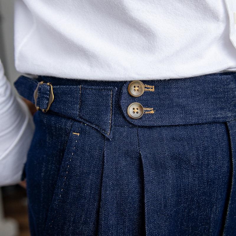 High-Waisted Vintage Denim Color Casual Trousers in Blue - Medium-High Waist, High Stretch Fabric, Cotton-Polyester Blend