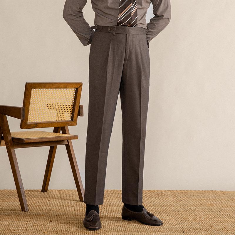 High-Waisted Straight-Leg Vintage Trousers - Camel, Linen Brown, and Black, Microelastic, Polyester-Lyocell-Wool Blend.