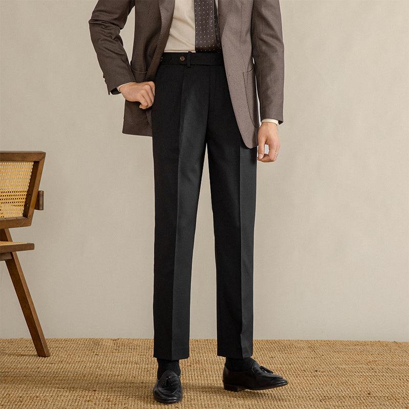 High-Waisted Straight-Leg Vintage Trousers - Camel, Linen Brown, and Black, Microelastic, Polyester-Lyocell-Wool Blend.