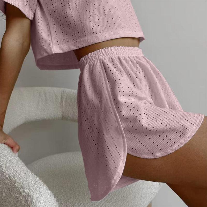 &quot;Dreamy Lace&quot; Hollow-out Cropped Two-piece Pyjama Set - Effortless Comfort with a Touch of Elegance - Your-Look