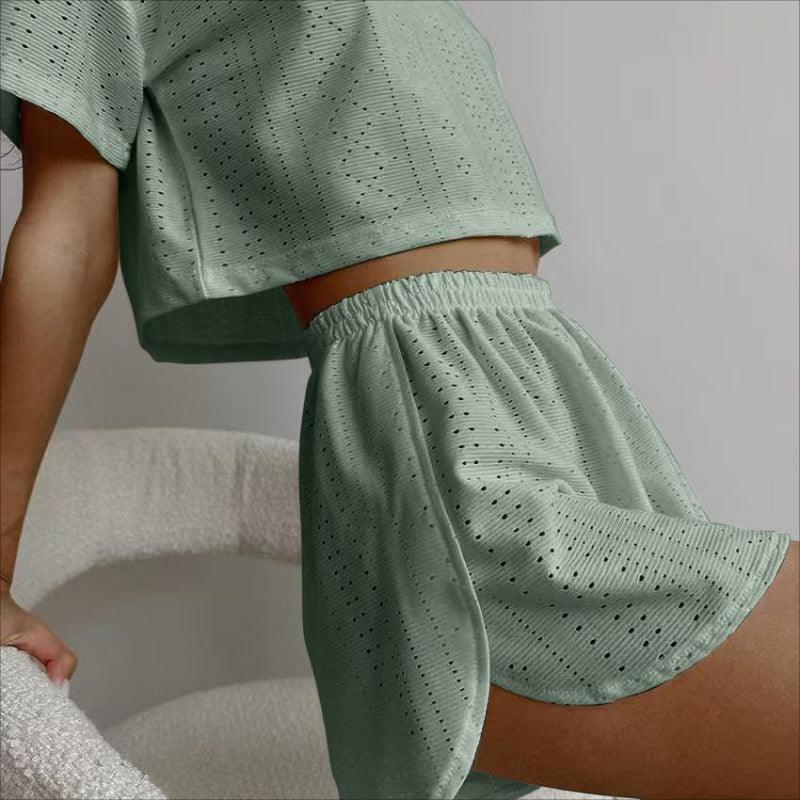 &quot;Dreamy Lace&quot; Hollow-out Cropped Two-piece Pyjama Set - Effortless Comfort with a Touch of Elegance - Your-Look