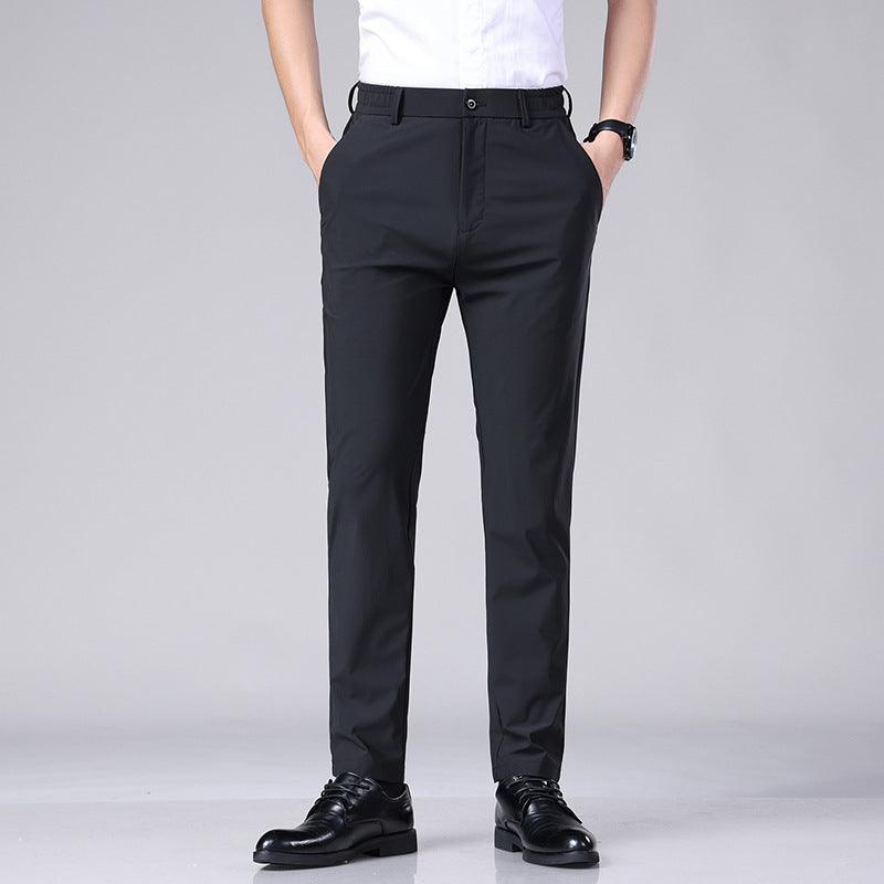 Ice Silk Draping Suit Pants - Black, Gray, and Blue, High Elasticity, Mid Waist, Zip Placket.