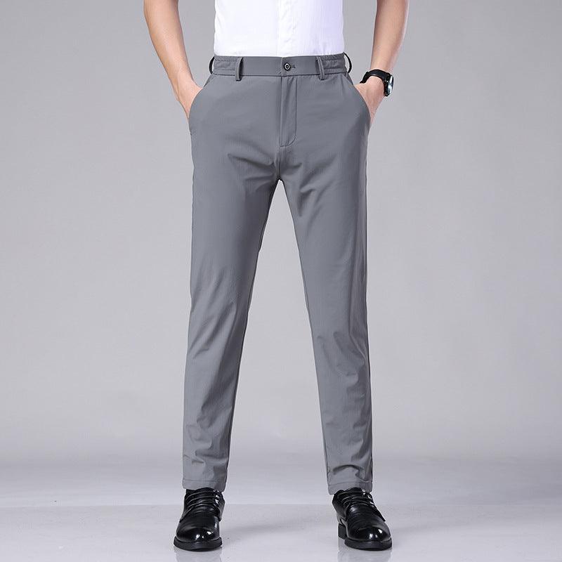 Ice Silk Draping Suit Pants - Black, Gray, and Blue, High Elasticity, Mid Waist, Zip Placket.