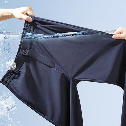 Ice Silk Draping Suit Pants - Black, Gray, and Blue, High Elasticity, Mid Waist, Zip Placket.