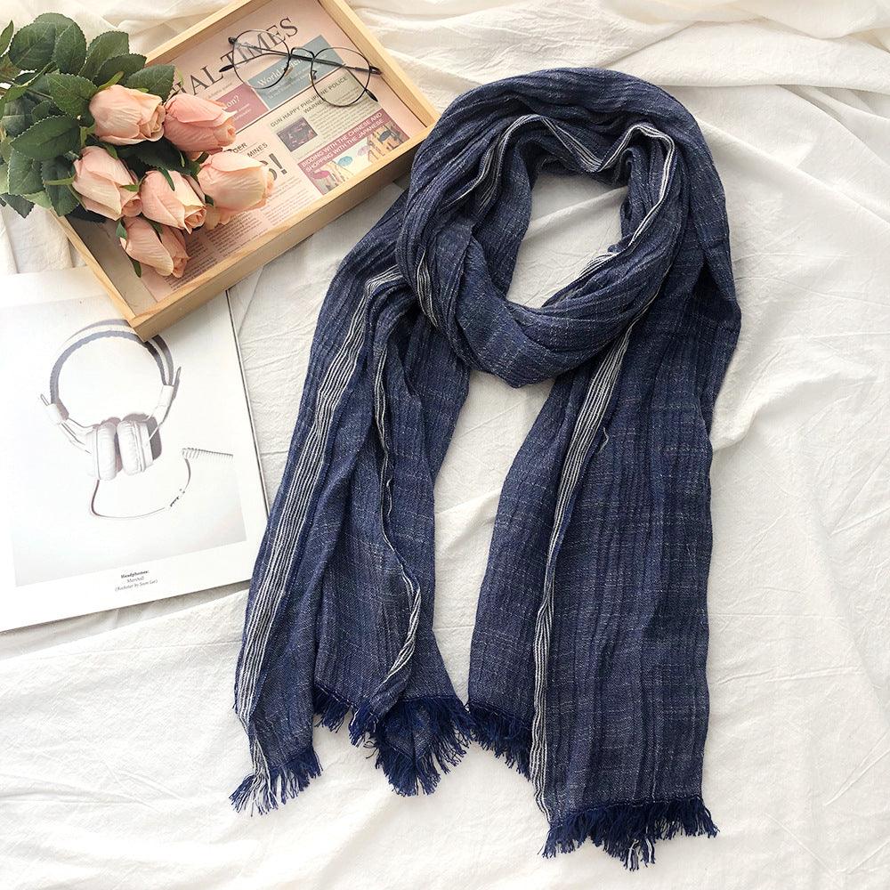 Japanese And Korean Striped Solid Color Cotton And Linen Scarf - Fashion - Your-Look