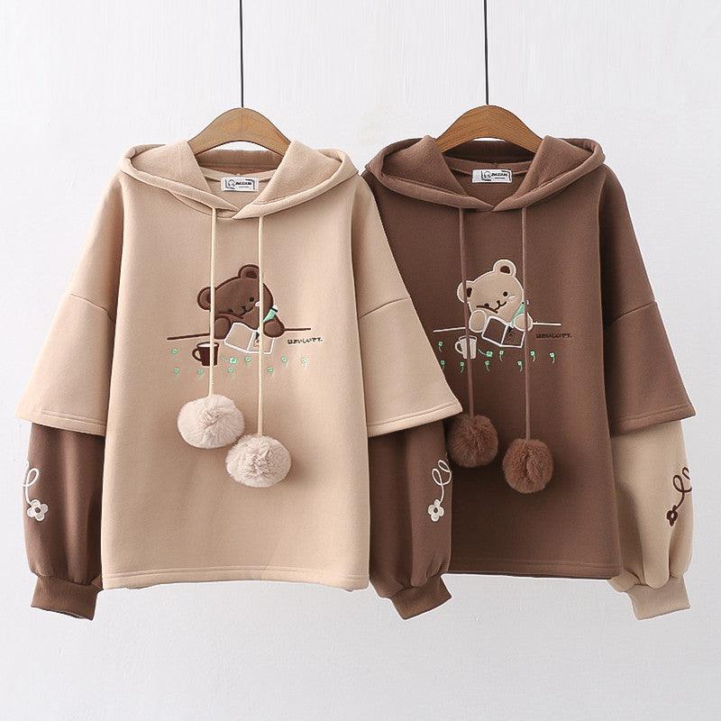 Elevate Your Winter Style: Japanese Mori Embroidery Painting Bear Hooded Pullover Women&