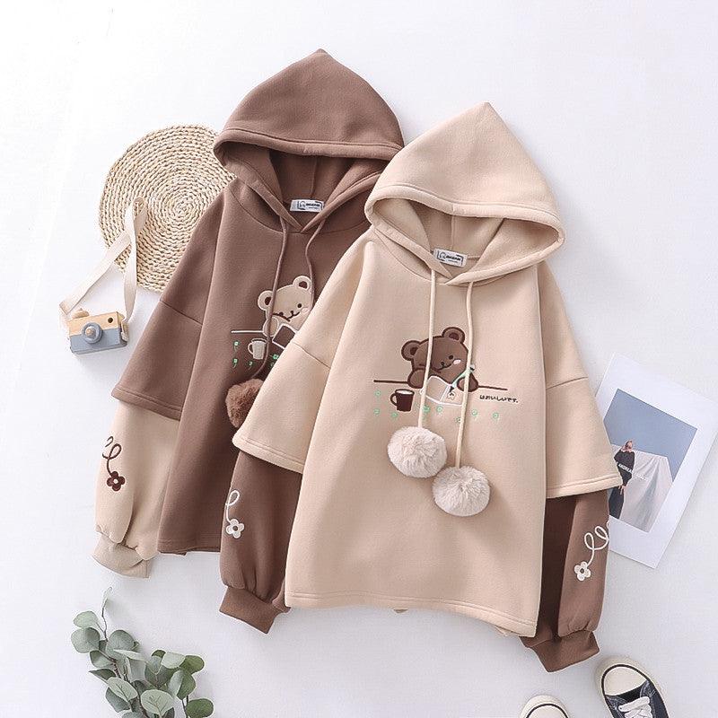 Elevate Your Winter Style: Japanese Mori Embroidery Painting Bear Hooded Pullover Women&