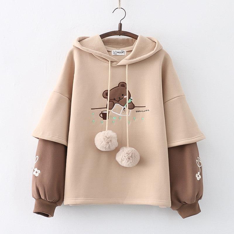 Elevate Your Winter Style: Japanese Mori Embroidery Painting Bear Hooded Pullover Women&