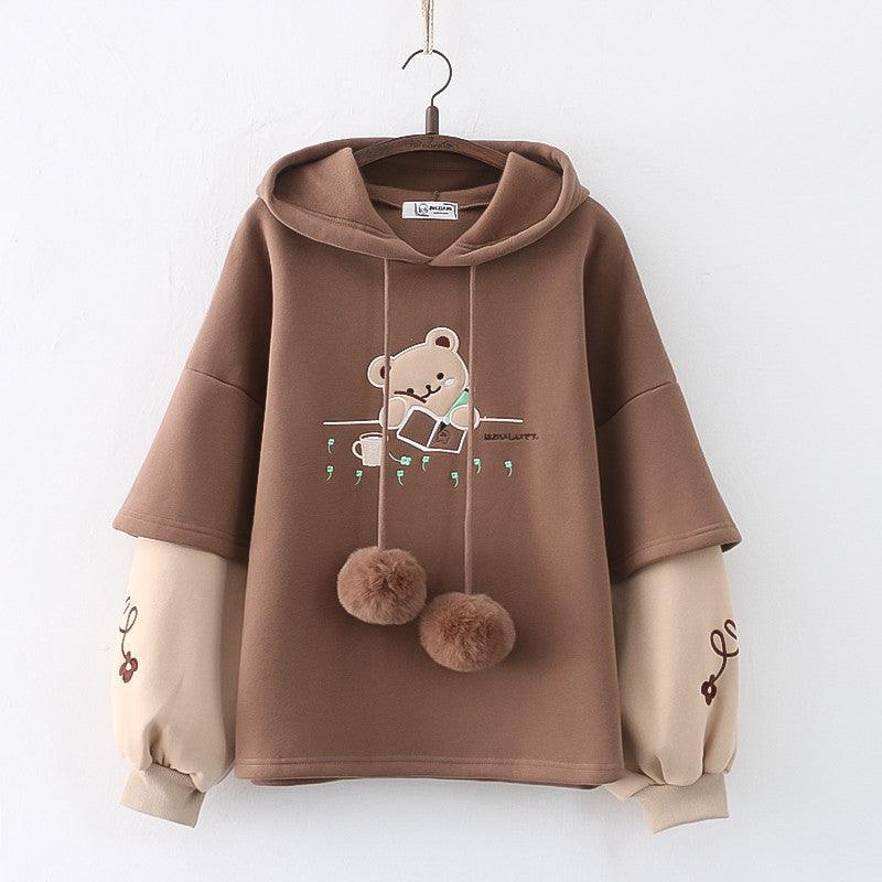 Elevate Your Winter Style: Japanese Mori Embroidery Painting Bear Hooded Pullover Women&