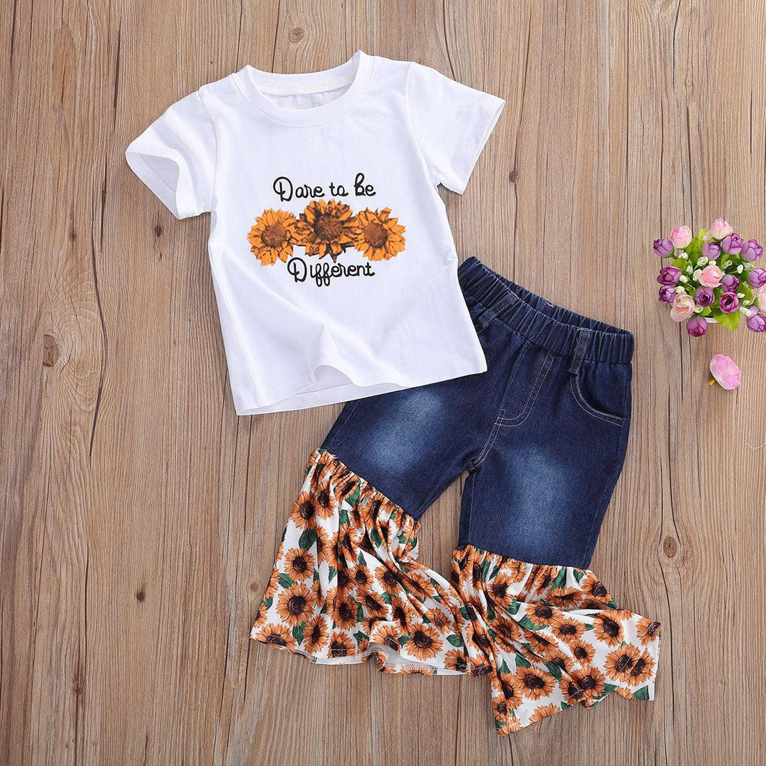 Kids Short Sleeve T-Shirt Denim Torch Sunflower Print Set - - Your-Look
