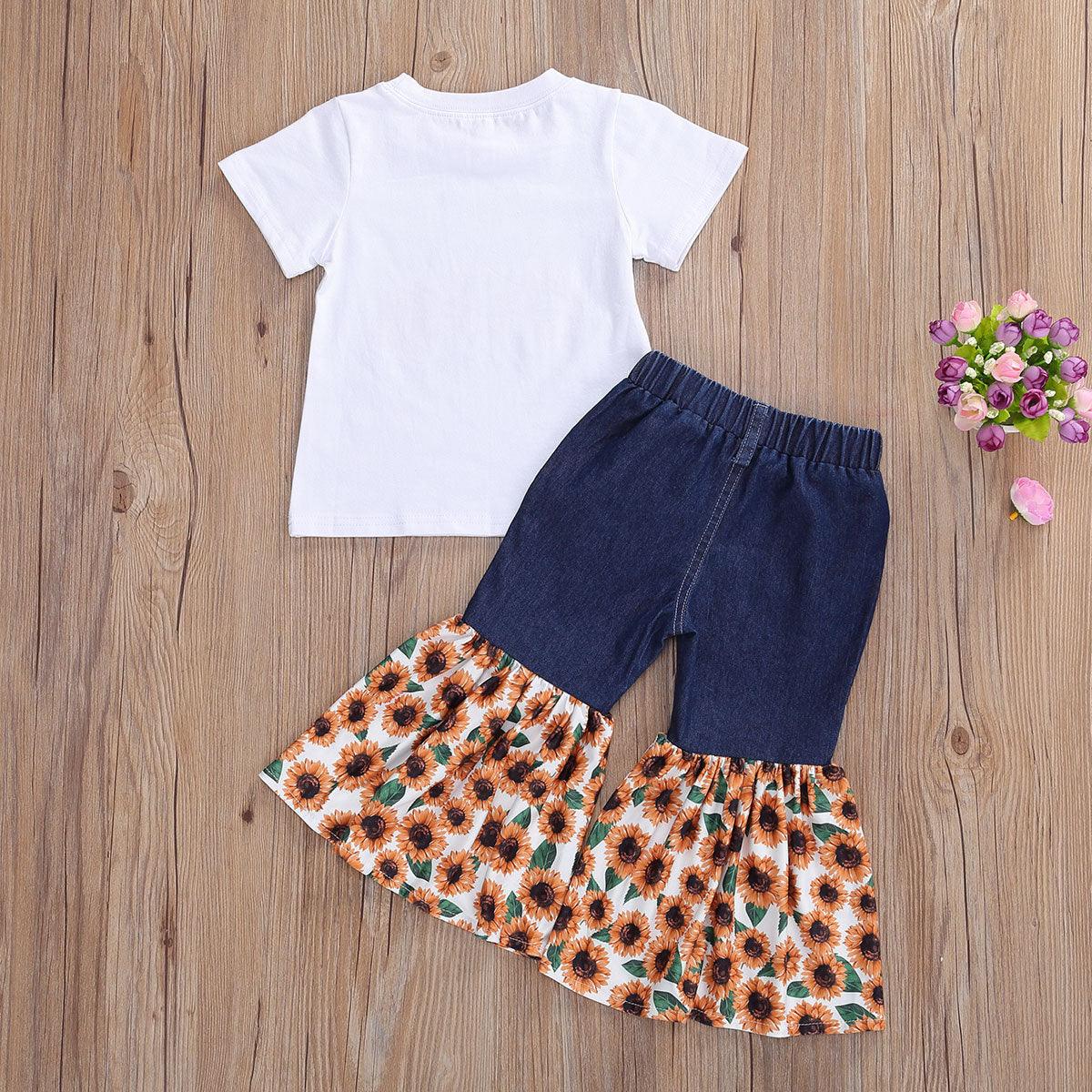 Kids Short Sleeve T-Shirt Denim Torch Sunflower Print Set -  - Your-Look
