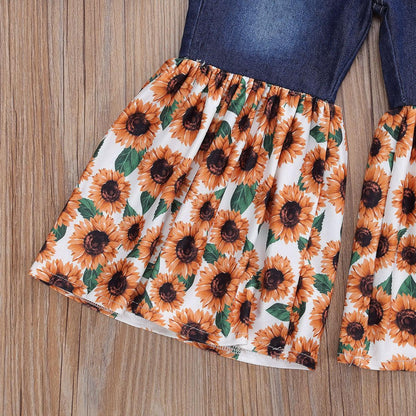 Kids Short Sleeve T-Shirt Denim Torch Sunflower Print Set -  - Your-Look