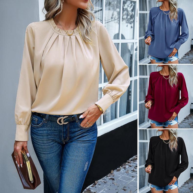 Exquisite Elegance: Lace Collar Long Sleeve Solid Color Top - Your-Look