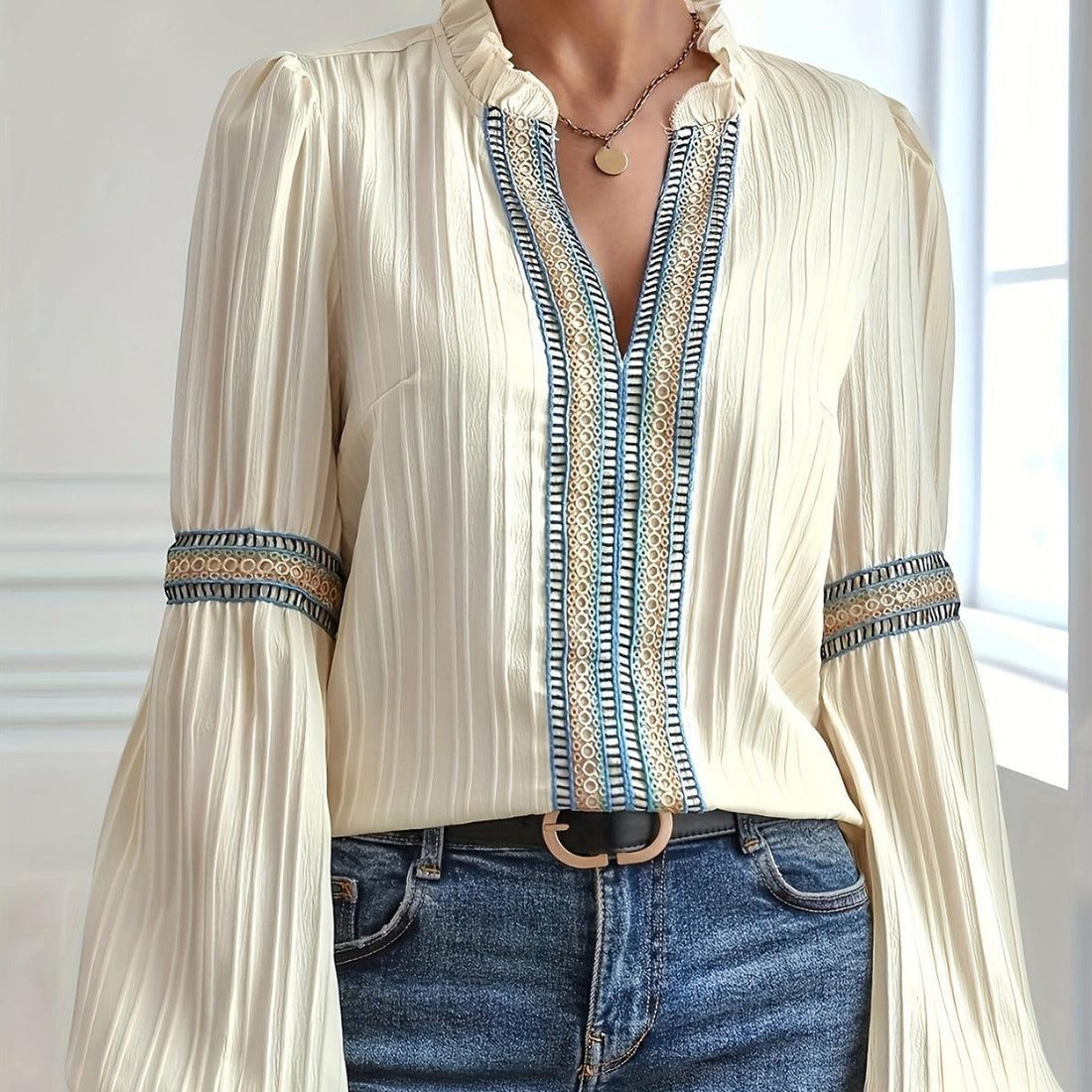 Effortlessly Chic: Lantern Sleeve Loose Plain Lace V-Neck Patchwork Shirt - Your-Look