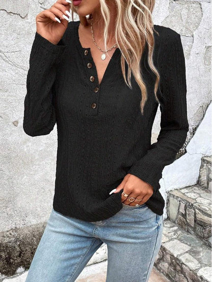 Breezy Elegance: Summer Solid Color Long Sleeve Hollowed Leisure Shirt - Your-Look