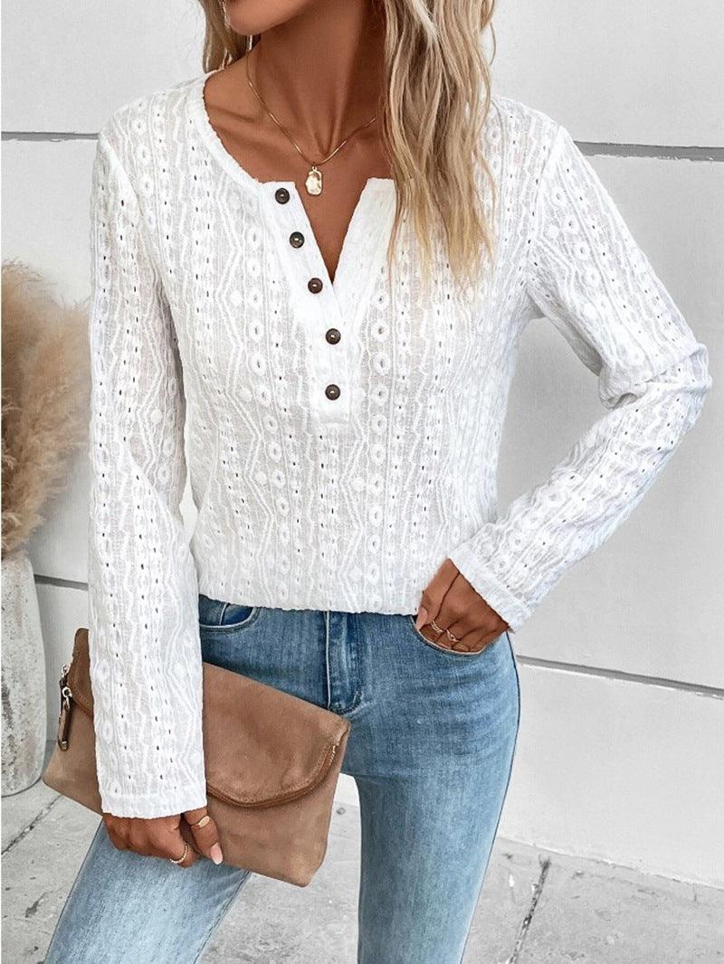 Breezy Elegance: Summer Solid Color Long Sleeve Hollowed Leisure Shirt - Your-Look