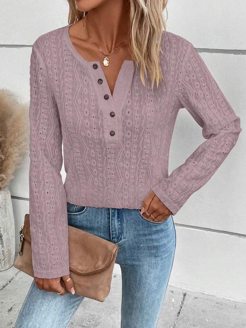 Breezy Elegance: Summer Solid Color Long Sleeve Hollowed Leisure Shirt - Your-Look