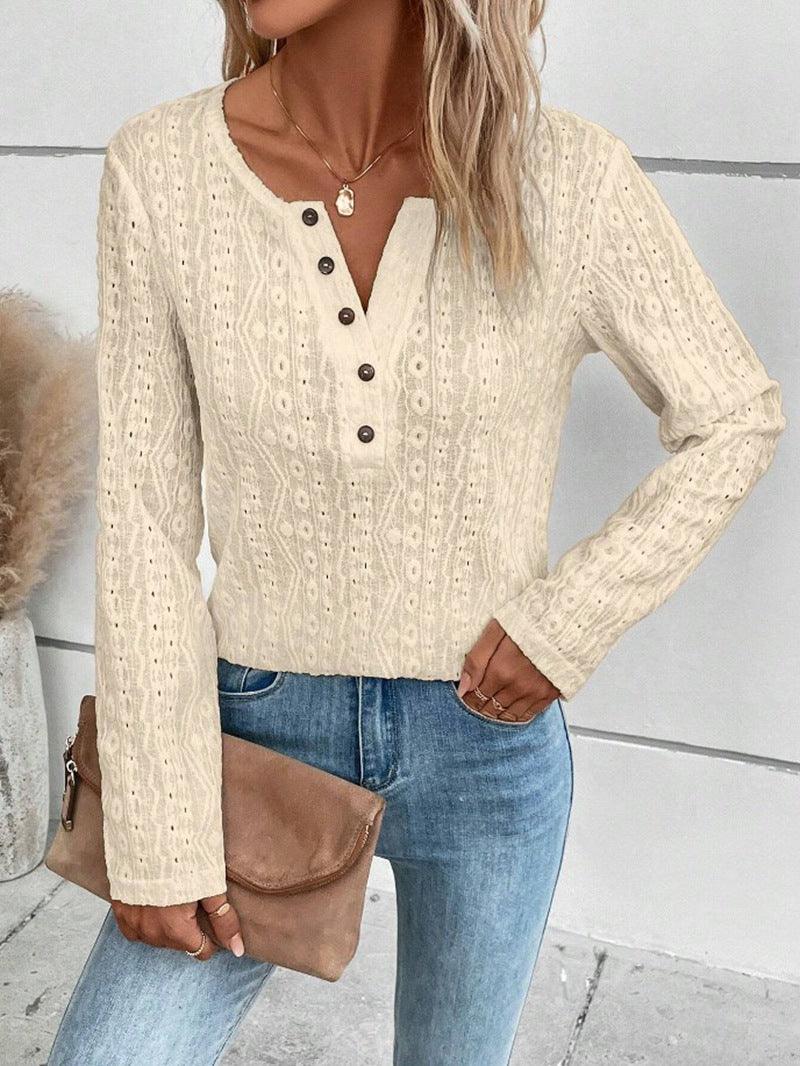 Breezy Elegance: Summer Solid Color Long Sleeve Hollowed Leisure Shirt - Your-Look