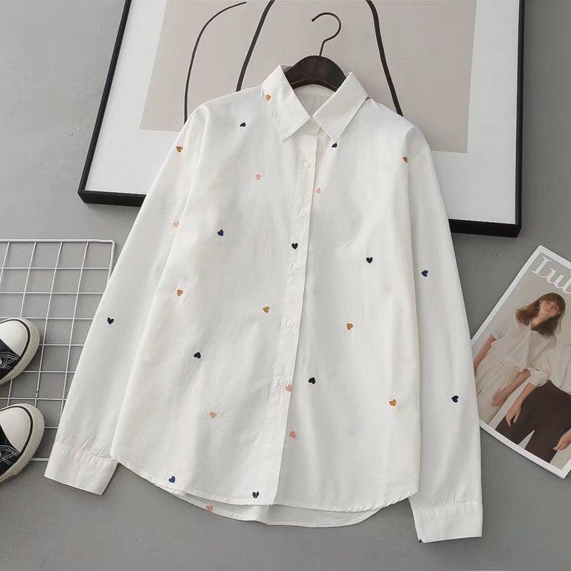 Love Embroidered White Shirt with Loose Lapels for Women