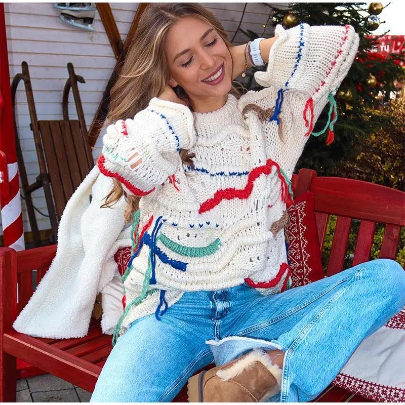 Personality Street Round Neck Tassel Color Matching Knitted Long Sleeve - Fashion - Your-Look