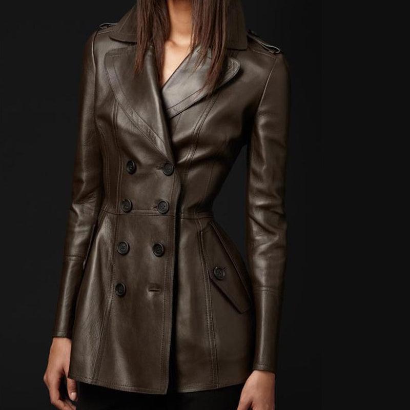 "Effortlessly Chic: Mid-Length Leather Wind Coat for Women&