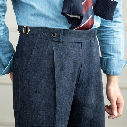 Pants Men Vintage Wash Cotton Deep Blue High Waist - Fashion - Your-Look