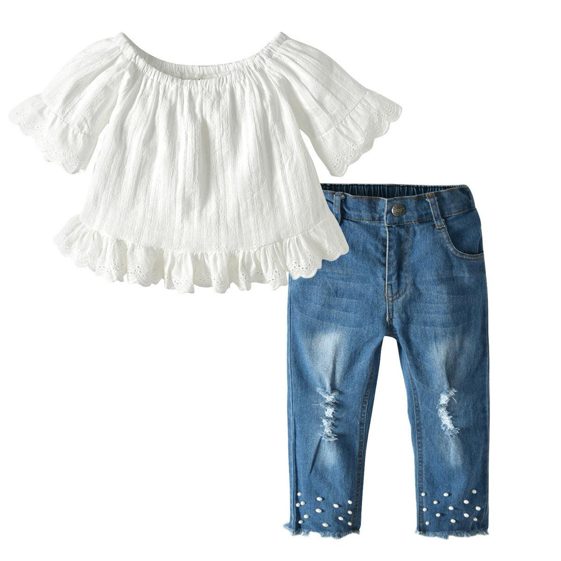 Girls Lace Pearl Jeans Set - - Your-Look