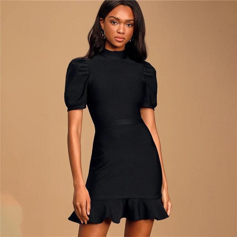 Elegant Sophistication: Puff Sleeve Mid-Sleeve Fishtail Dress - Your-Look