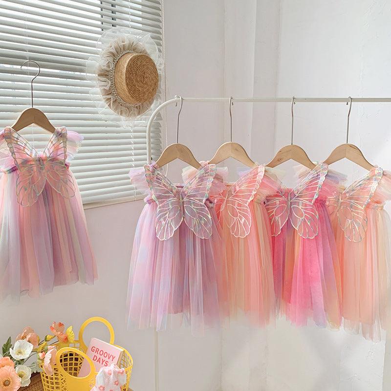Flutter in Style: Rainbow Wings Mesh Girl Dress | Let Her Shine with Colorful Elegance - Your-Look