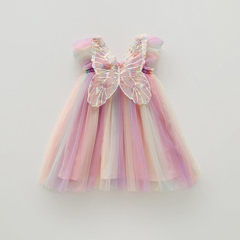 Flutter in Style: Rainbow Wings Mesh Girl Dress | Let Her Shine with Colorful Elegance - Your-Look