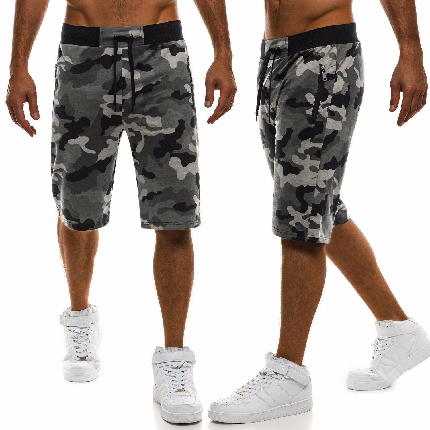 Shorts Sports Fitness Five-Point Pants Tether Zipper Shorts Straight Camouflage Beach Pants Men - Fashion - Your-Look