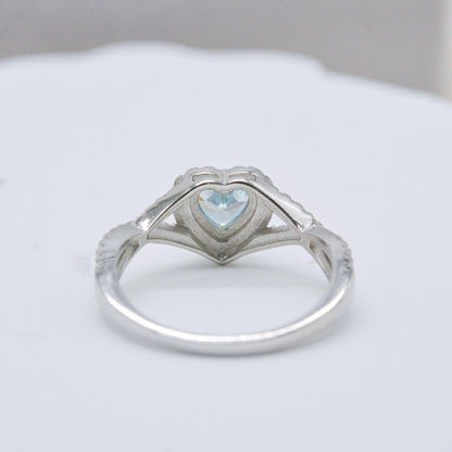 Sterling Silver S925 Heart-shaped Ring with Light Sea Blue Zircon - Your-Look