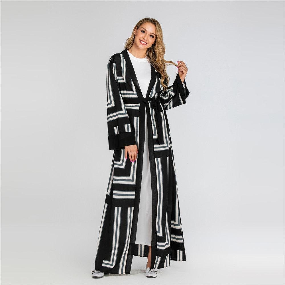 "Striped Serenity" Loose Lace-Up Cardigan Robe for Women - Effortless Style, Maximum Comfort - Your-Look