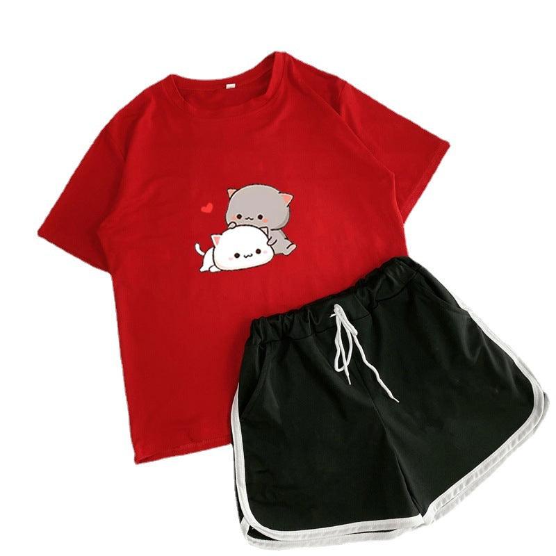 Student Crew Neck T-shirt Shorts Loose Sports Two-piece Set - Your-Look