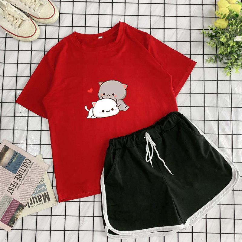 Student Crew Neck T-shirt Shorts Loose Sports Two-piece Set - Your-Look