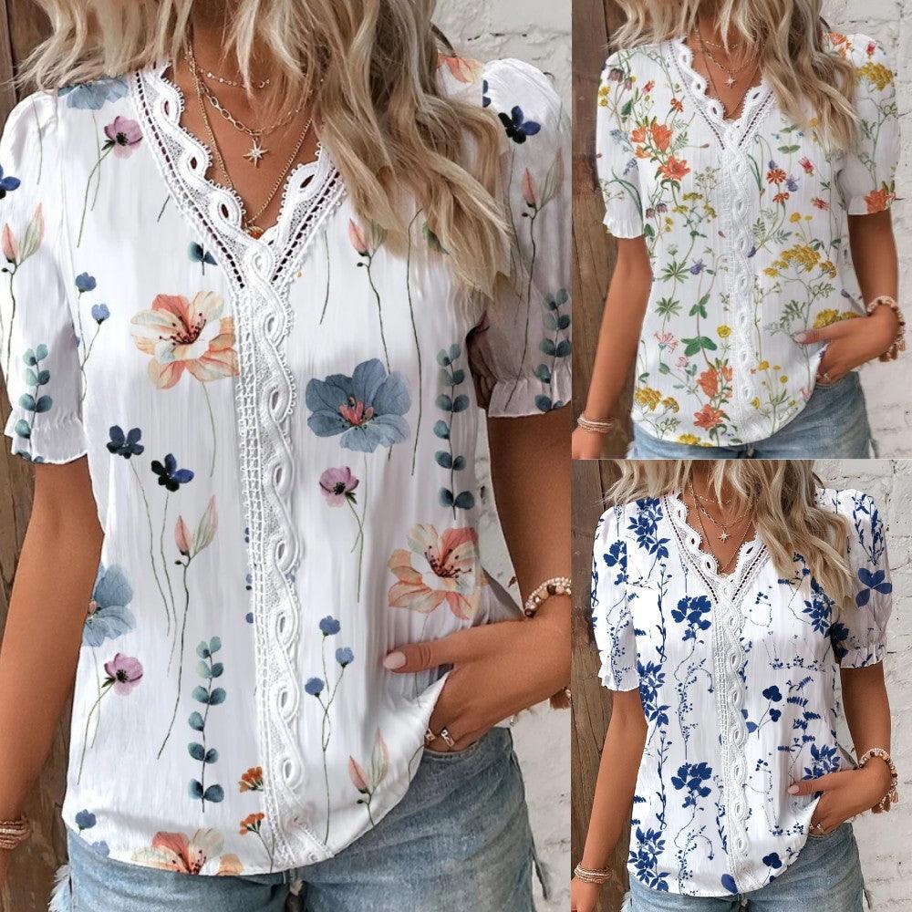 Summer V-neck Lace Stitching Printing Shirt For Women - Fashion - Your-Look