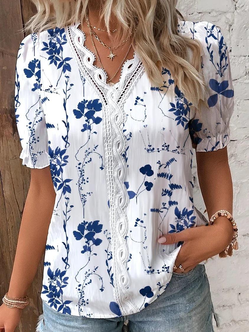 Summer V-neck Lace Stitching Printing Shirt For Women - Fashion - Your-Look