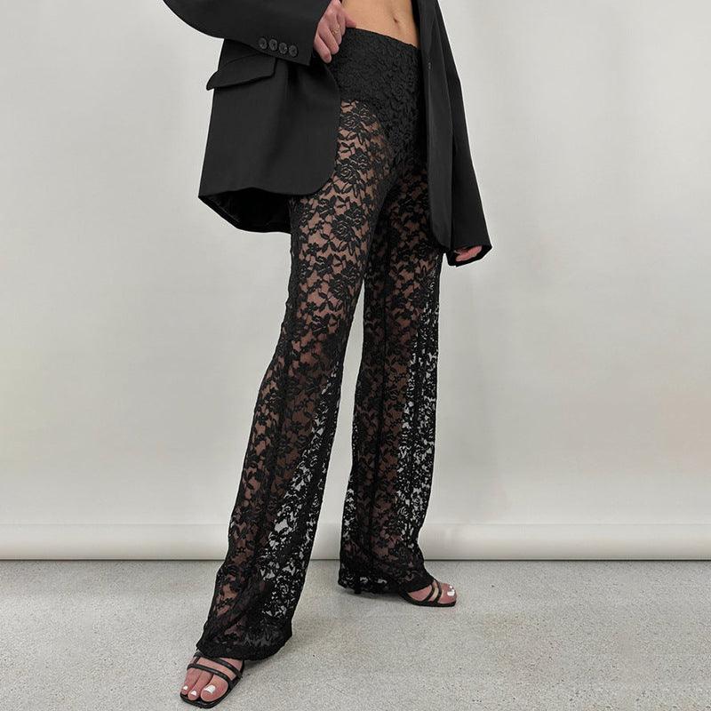 Summer Lace See-through High Waist Stitching Long Straight-leg Pants - Your-Look