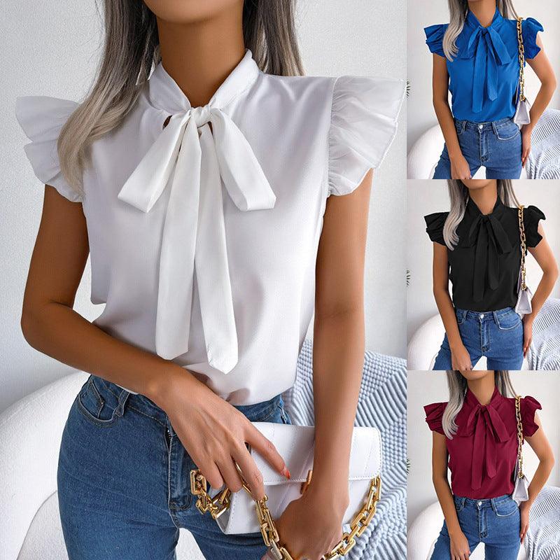 Effortless Chic: Summer Solid Color Minimalist Bowknot Short Sleeve Shirt - Your-Look