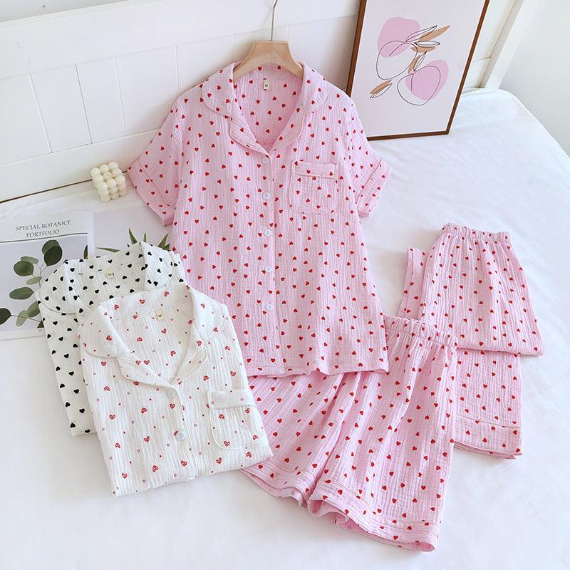 &quot;Sweet Dreams Trio&quot; Small Heart Crepe Lapel Short-sleeved Shorts Trousers Three-piece Pyjama Set for Women - Cozy Elegance - Your-Look