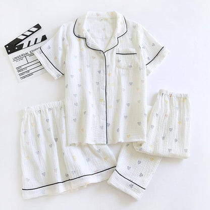 &quot;Sweet Dreams Trio&quot; Small Heart Crepe Lapel Short-sleeved Shorts Trousers Three-piece Pyjama Set for Women - Cozy Elegance - Your-Look