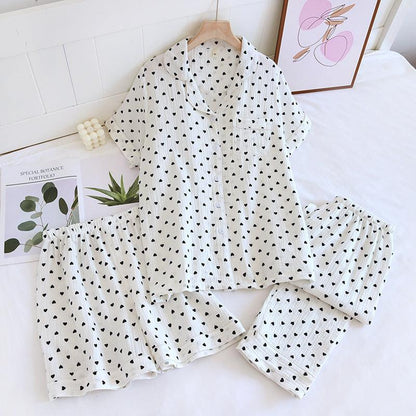 &quot;Sweet Dreams Trio&quot; Small Heart Crepe Lapel Short-sleeved Shorts Trousers Three-piece Pyjama Set for Women - Cozy Elegance