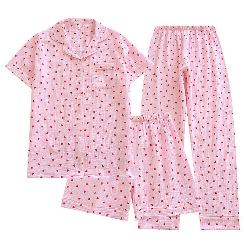 &quot;Sweet Dreams Trio&quot; Small Heart Crepe Lapel Short-sleeved Shorts Trousers Three-piece Pyjama Set for Women - Cozy Elegance