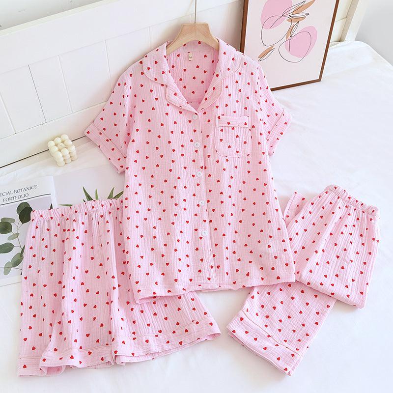 &quot;Sweet Dreams Trio&quot; Small Heart Crepe Lapel Short-sleeved Shorts Trousers Three-piece Pyjama Set for Women - Cozy Elegance