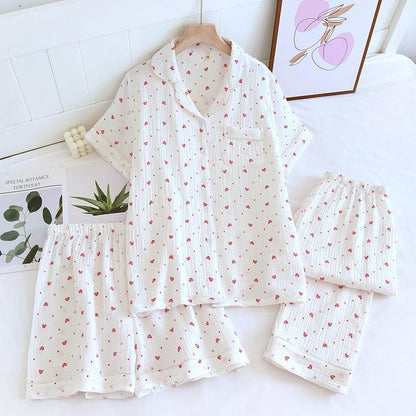 &quot;Sweet Dreams Trio&quot; Small Heart Crepe Lapel Short-sleeved Shorts Trousers Three-piece Pyjama Set for Women - Cozy Elegance