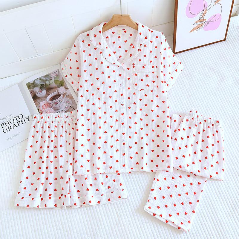 &quot;Sweet Dreams Trio&quot; Small Heart Crepe Lapel Short-sleeved Shorts Trousers Three-piece Pyjama Set for Women - Cozy Elegance