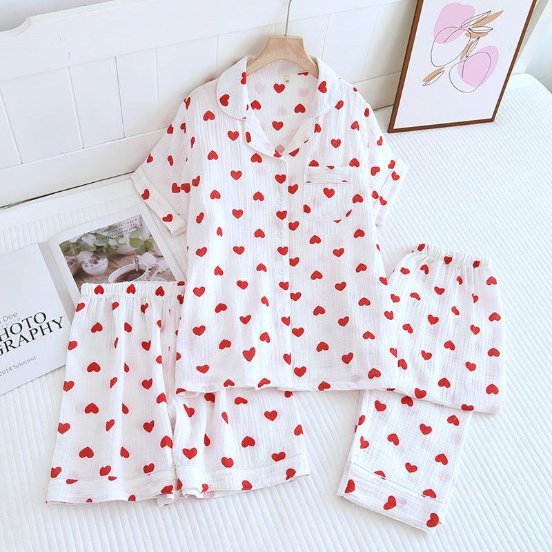 &quot;Sweet Dreams Trio&quot; Small Heart Crepe Lapel Short-sleeved Shorts Trousers Three-piece Pyjama Set for Women - Cozy Elegance - Your-Look