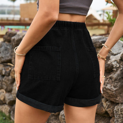 Tied Elastic Waist Curling Denim Shorts For Women - FASHION - Your-Look