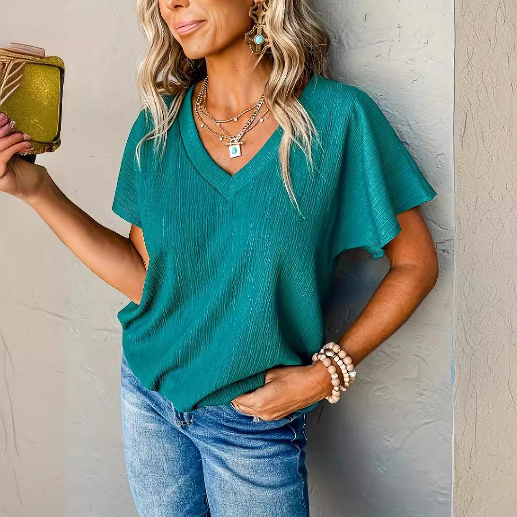 Solid Color And V-neck Three-quarter Sleeve Top For Women European American Simple Versatile - FASHION - Your-Look